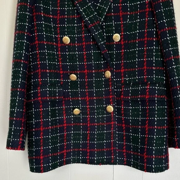 ZARA Tweed Plaid Double Breasted Blazer Green Red Gold Buttons - Picture 11 of 14